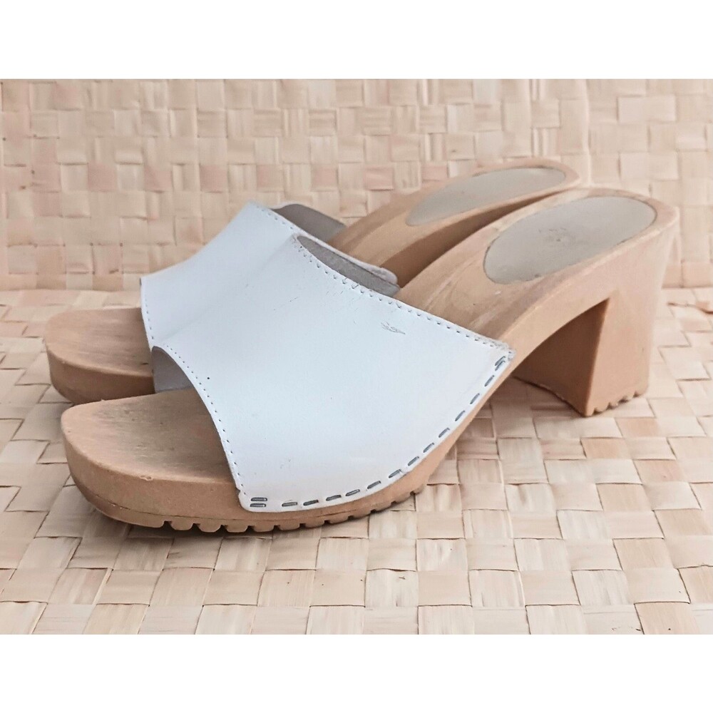 Xhilaration Y2K Wood Platform Block Heel Sandals White Leather Made Italy US 8